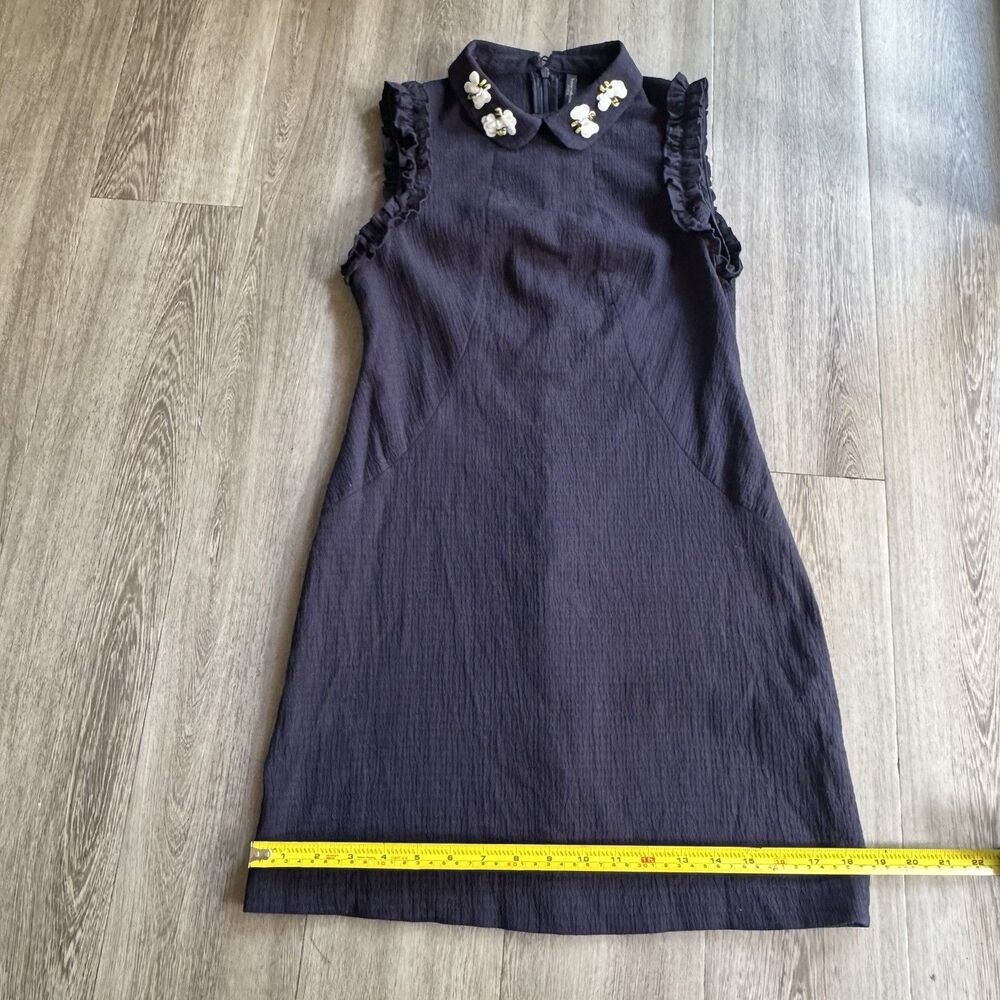 Zara Trafaluc Mini Dress Cotton Sz XS Blue Peter Pan Collar Shift Bee Beaded - Picture 4 of 15